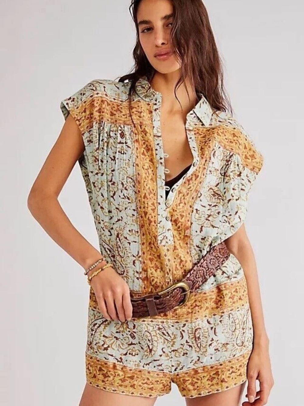 Light Blue and Mustard Floral Button-Front Women's Romper